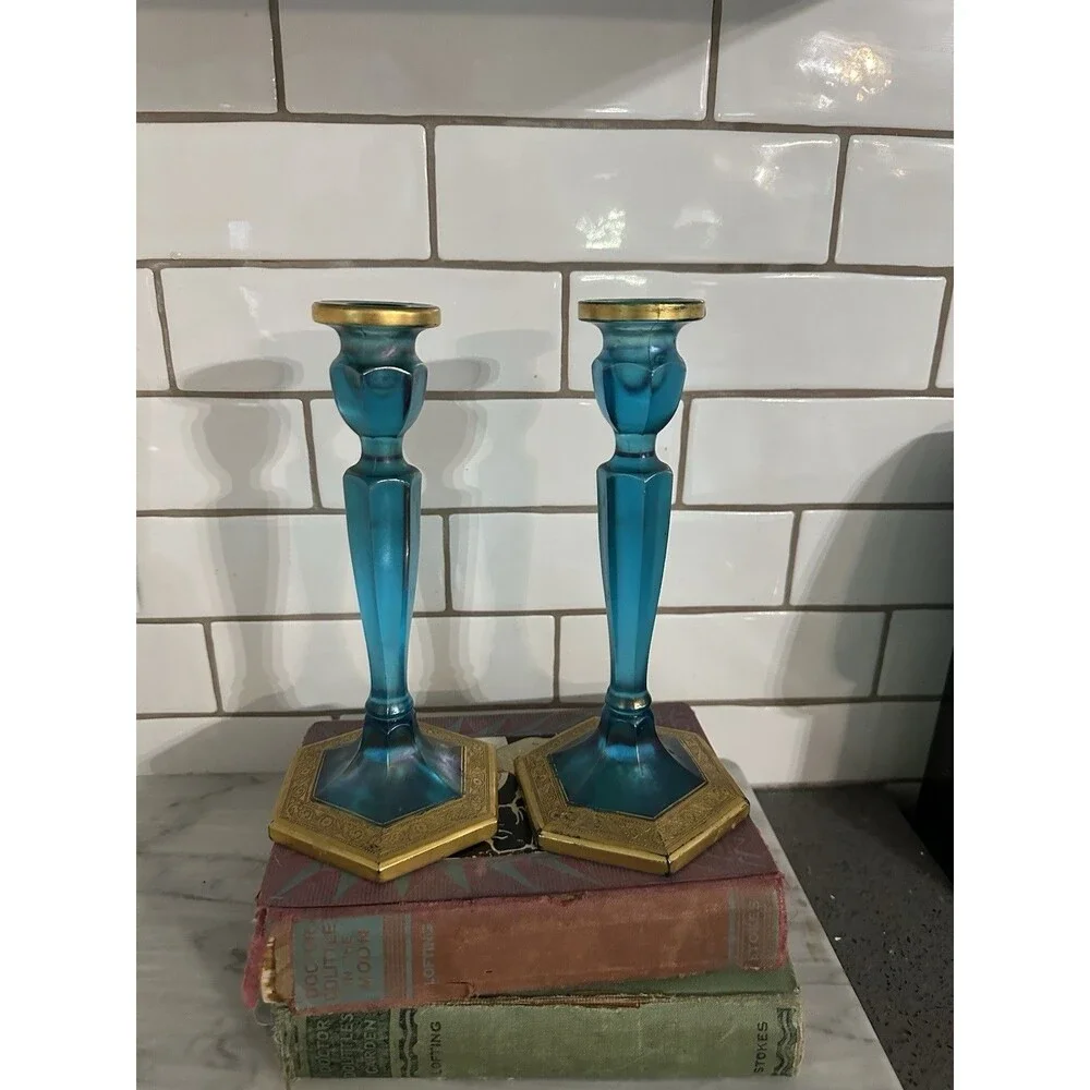 Pair of Vintage Fenton Celeste Blue & Gold Gilt Stretched 8.5 Inch Candlesticks